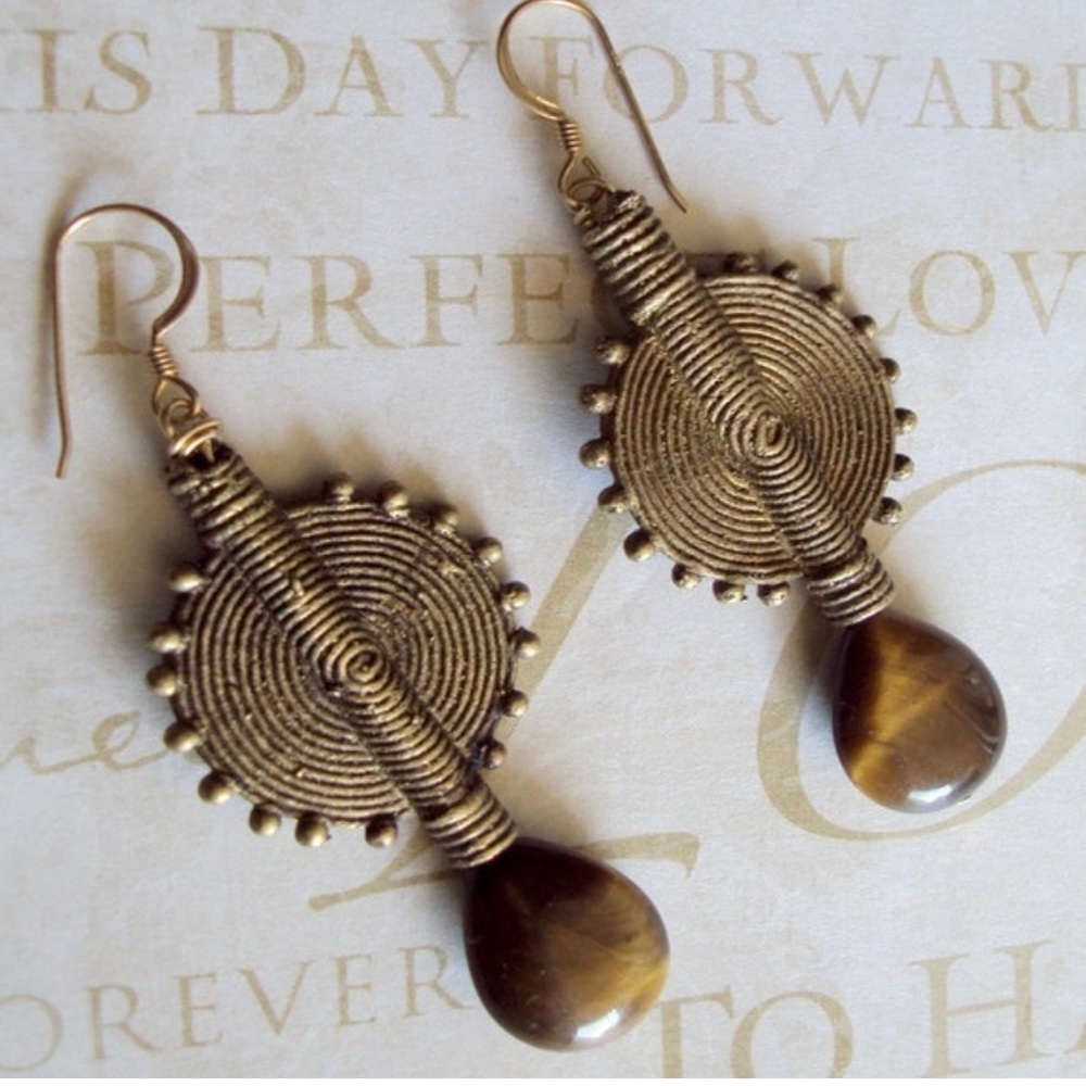 Earrings Tigereye Large Brass Baoulye
